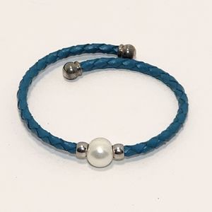 Turquoise Braided Leather Genuine Pearl Silvertone Cuff Bracelet